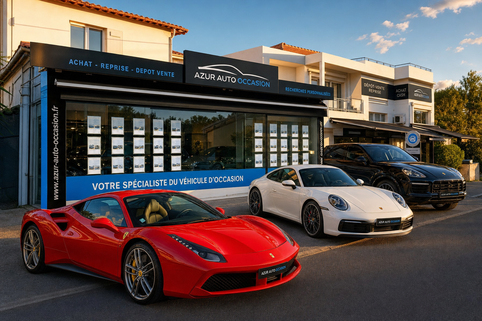 Façade Azur Auto Occasion à Vallauris avec Ferrari et Porsche